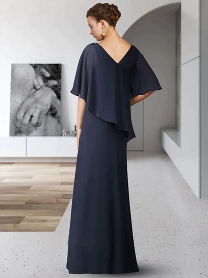 Side view of an elegant V-neck, half-sleeve, floor-length chiffon mother of the bride dress with ruffles.