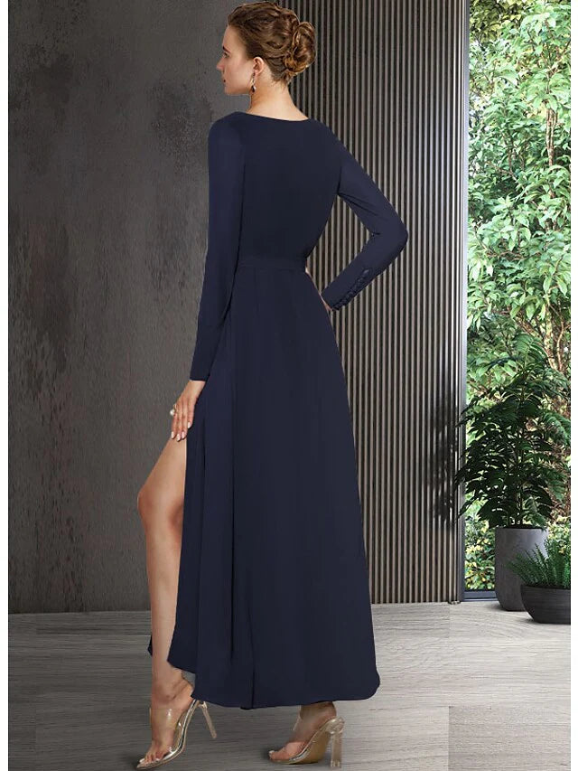 Side view of the elegant V-neck long sleeve chiffon Mother of the Bride dress, showing the A-line silhouette.