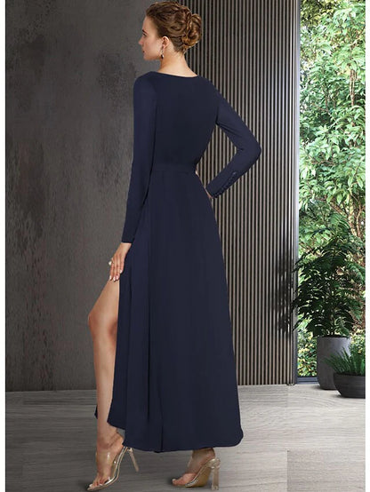 Side view of the elegant V-neck long sleeve chiffon Mother of the Bride dress, showing the A-line silhouette.