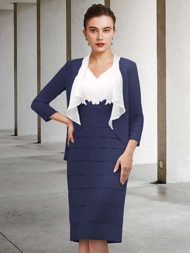 Elegant Mother of the Bride chiffon dress with V-neck, long sleeves, and appliques, front view.