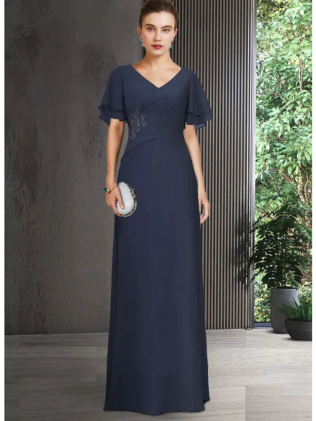 Elegant V-neck chiffon mother of the bride dress with short sleeves, appliques, and ruching.
