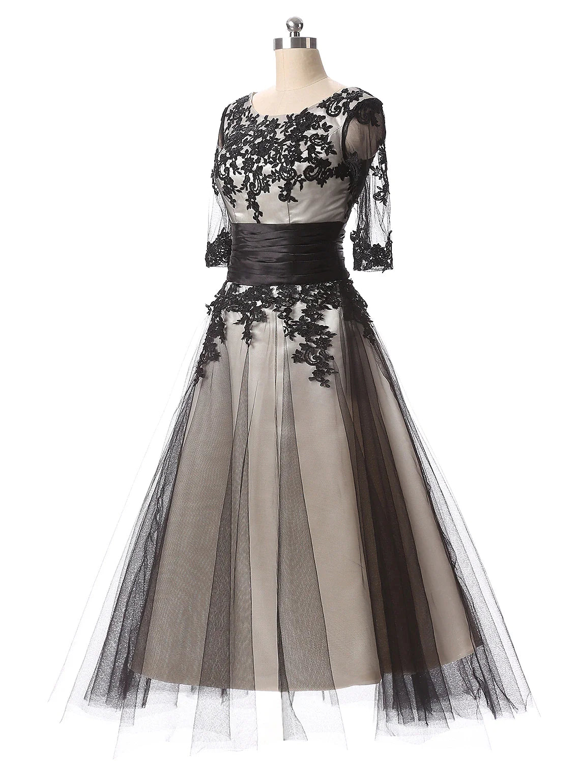 Side view of the formal color block evening dress.