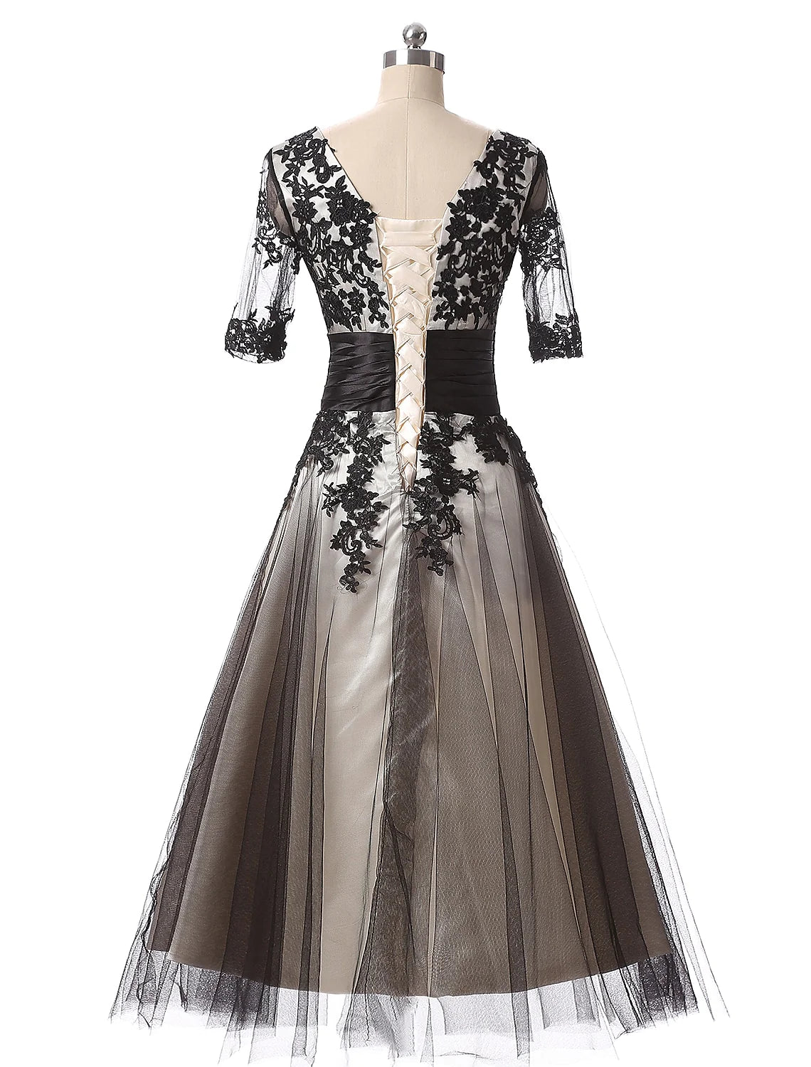 Back view of the jewel neck half sleeve ball gown.