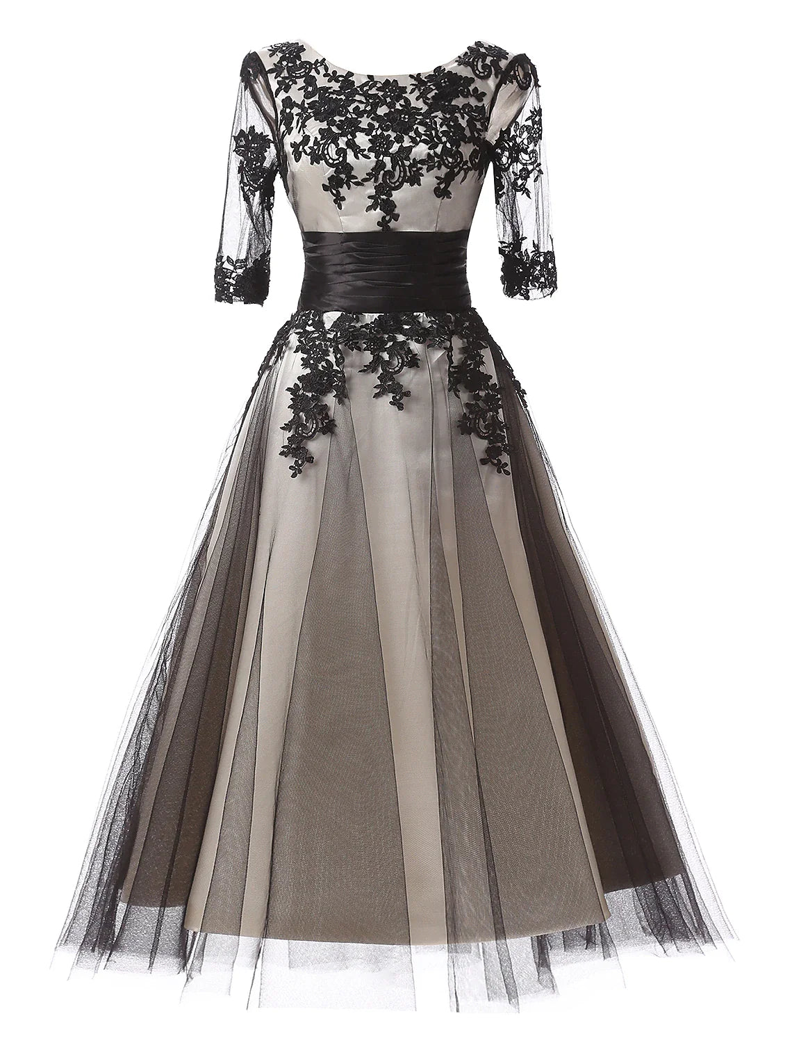 Close-up of the lace and color block detail on the formal dress.