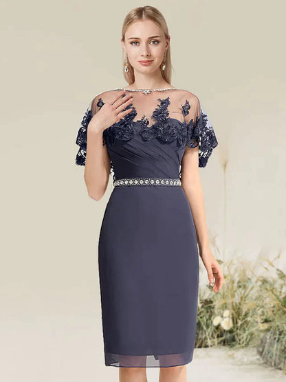 Model wearing an elegant strapless knee-length lace convertible dress.