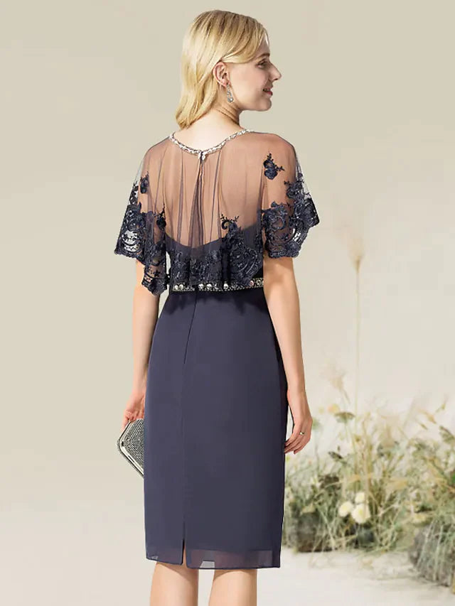 Model showcasing the short-sleeve option of the convertible lace dress.