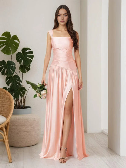 Elegant Convertible Neckline Satin Maxi Evening Dress with High-Slit and Crisscross Back Options