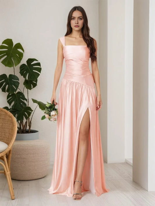 Elegant Convertible Neckline Satin Maxi Evening Dress with High-Slit and Crisscross Back Options