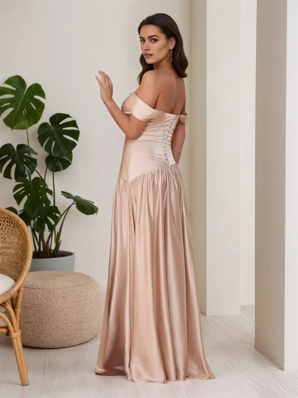Elegant Convertible Neckline Satin Maxi Evening Dress with High-Slit and Crisscross Back Options