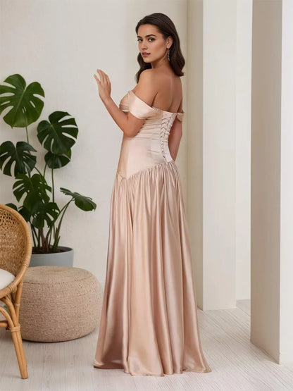 Elegant Convertible Neckline Satin Maxi Evening Dress with High-Slit and Crisscross Back Options