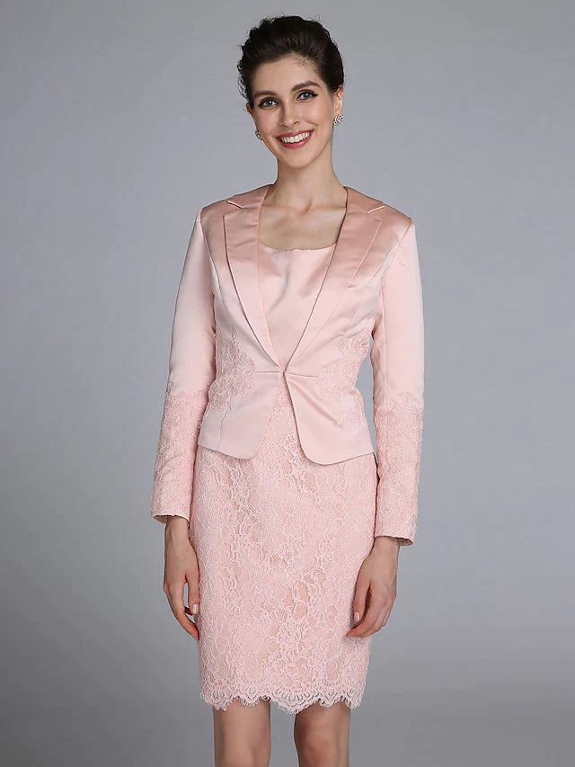 Elegant convertible Mother of the Bride dress with scoop neck and long lace sleeves.