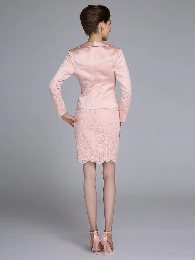 Back view of the convertible Mother of the Bride dress with satin skirt.