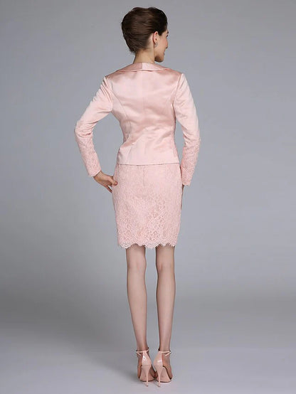 Back view of the convertible Mother of the Bride dress with satin skirt.