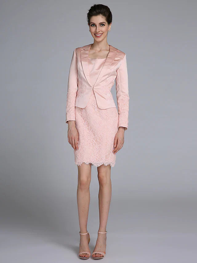 Side view of the short mini Mother of the Bride dress with lace appliques.