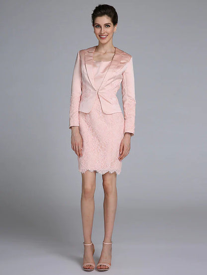 Side view of the short mini Mother of the Bride dress with lace appliques.