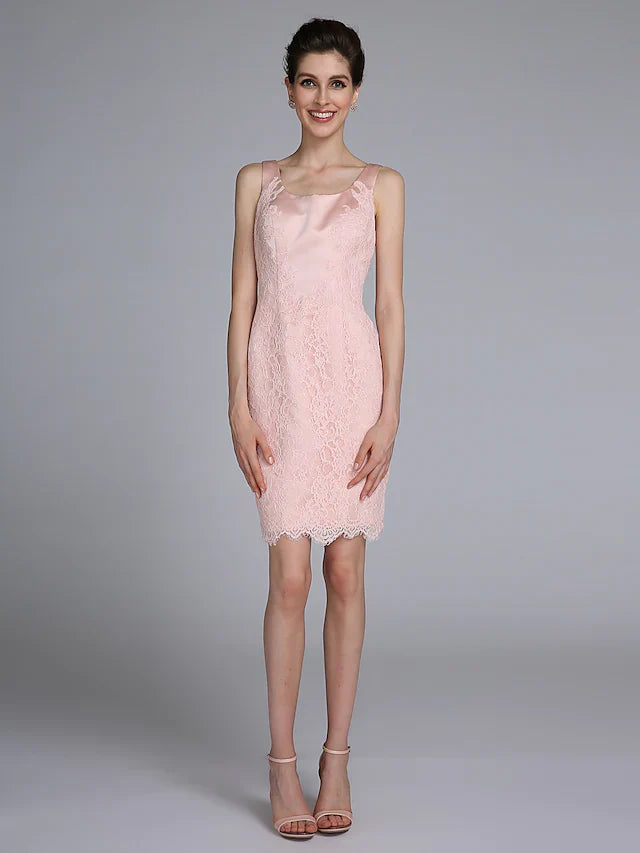 Scoop neck and long lace sleeve detail on the Mother of the Bride dress.