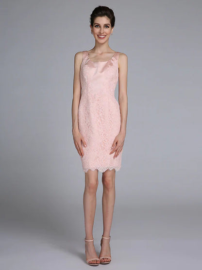Scoop neck and long lace sleeve detail on the Mother of the Bride dress.