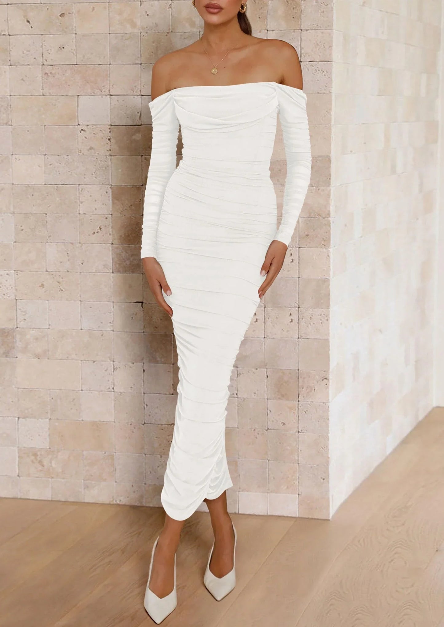 Elegant Convertible Square Neck Long Sleeve Ruched High-Slit Maxi Evening Dress