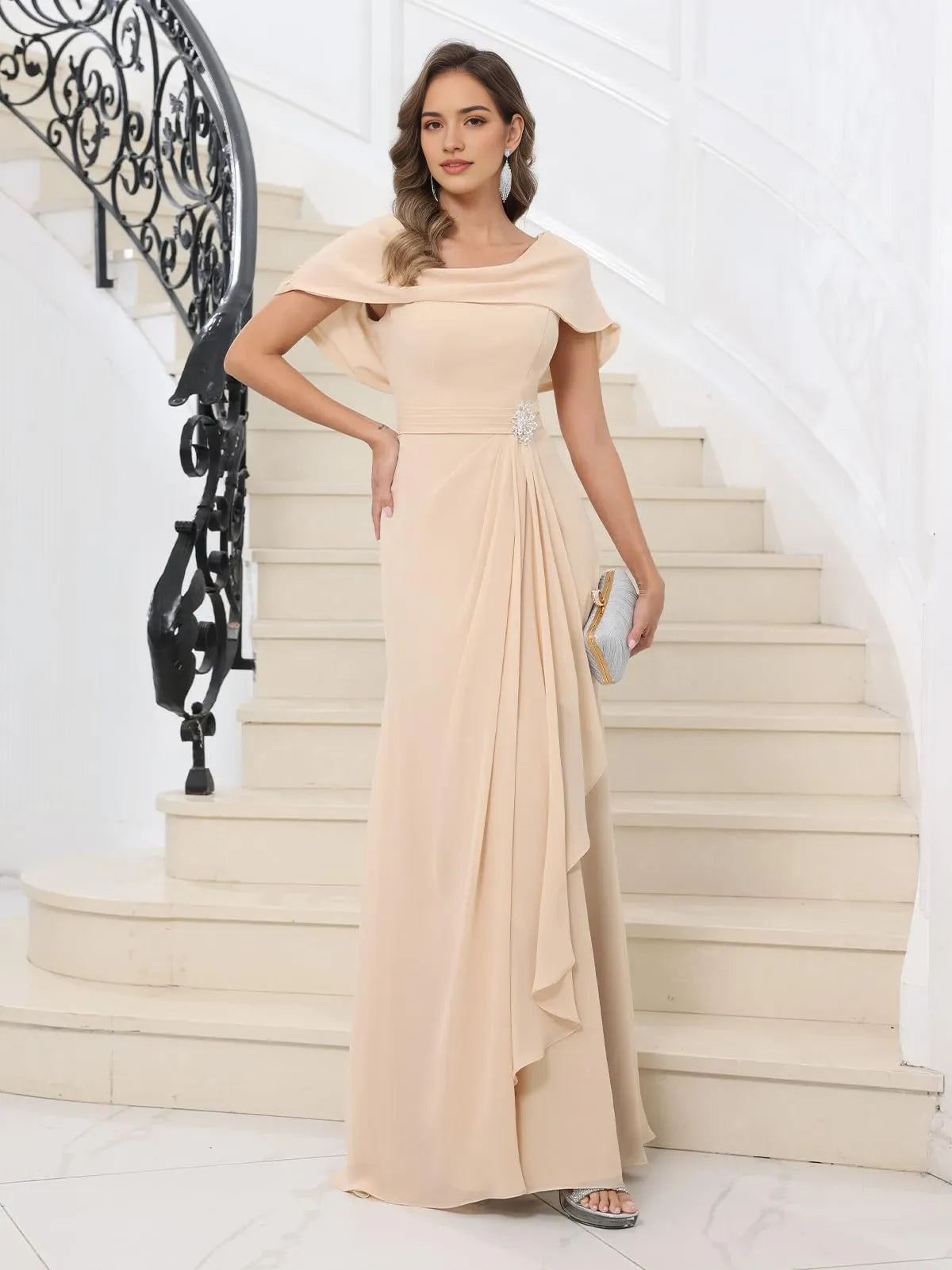 Elegant Cowl Neck Ruffle Detail Lace-Up Back High-Slit Maxi Mother Of The Bride Dress