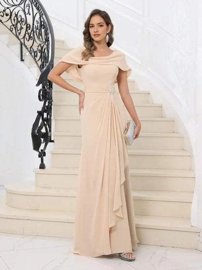 Elegant Cowl Neck Ruffle Detail Lace-Up Back High-Slit Maxi Mother Of The Bride Dress
