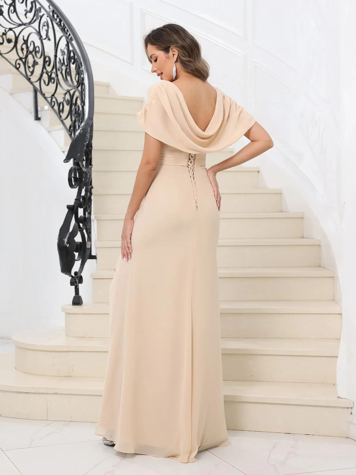 Elegant Cowl Neck Ruffle Detail Lace-Up Back High-Slit Maxi Mother Of The Bride Dress