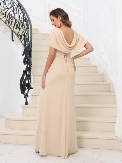 Elegant Cowl Neck Ruffle Detail Lace-Up Back High-Slit Maxi Mother Of The Bride Dress