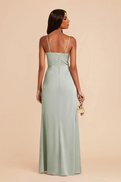 Elegant Cowl Neck Spaghetti Strap Lace-Up Back High-Slit Maxi Bridesmaid Dress