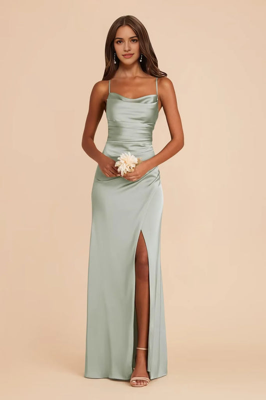 Elegant Cowl Neck Spaghetti Strap Lace-Up Back High-Slit Maxi Bridesmaid Dress
