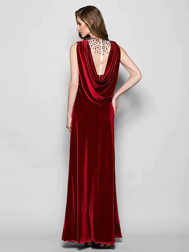 Back view of the velvet cowl neck dress, showing the floor-length skirt.