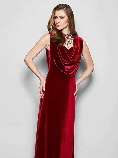 Close-up of the cowl neck and crystal beading on the velvet dress.