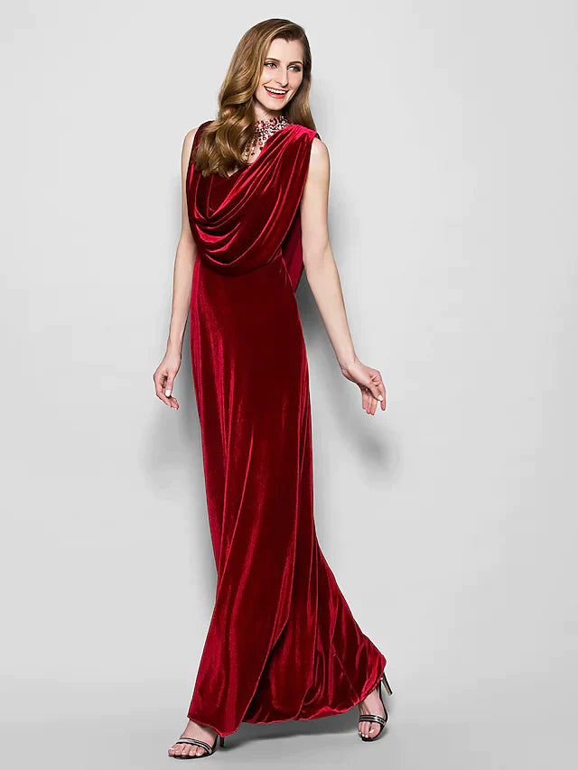 Full length view of the sleeveless velvet gown.