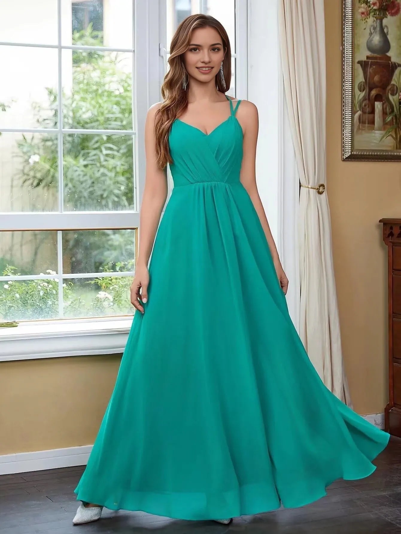 Elegant Crisscross Back V-Neck Chiffon Maxi Evening Dress