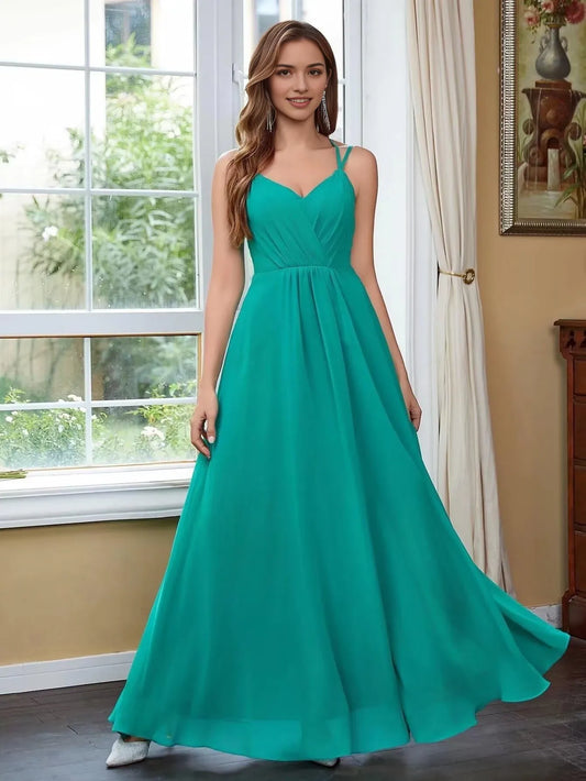 Elegant Crisscross Back V-Neck Chiffon Maxi Evening Dress