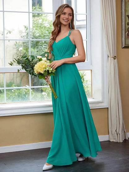 Elegant Crisscross Back V-Neck Chiffon Maxi Evening Dress