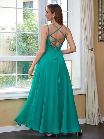 Elegant Crisscross Back V-Neck Chiffon Maxi Evening Dress