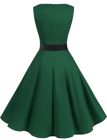 Elegant Sleeveless Round Neck Back Zip Bow Belted Flare Midi Party Dress