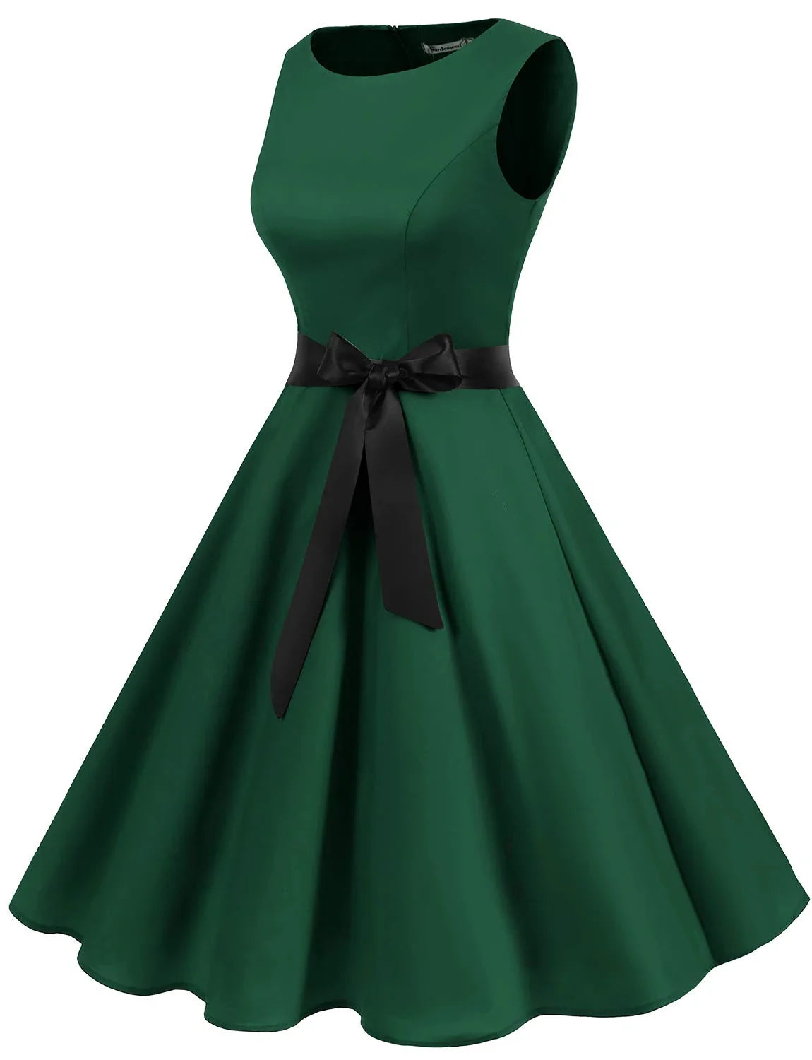 Elegant Sleeveless Round Neck Back Zip Bow Belted Flare Midi Party Dress