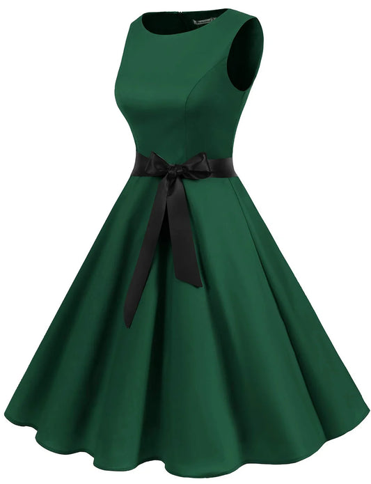 Elegant Sleeveless Round Neck Back Zip Bow Belted Flare Midi Party Dress