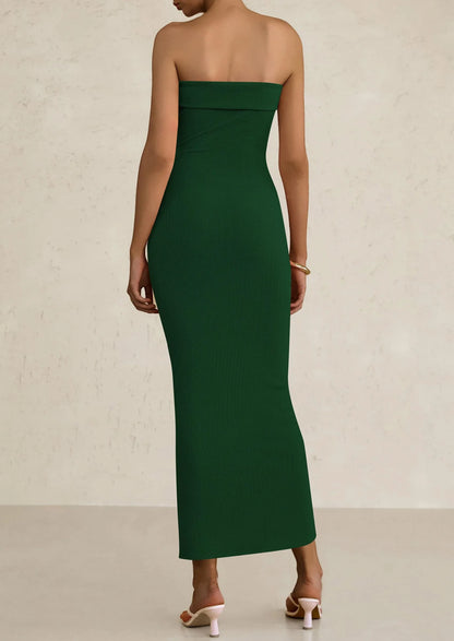 Elegant Strapless Ruched Asymmetric High-Slit Midi Evening Dress
