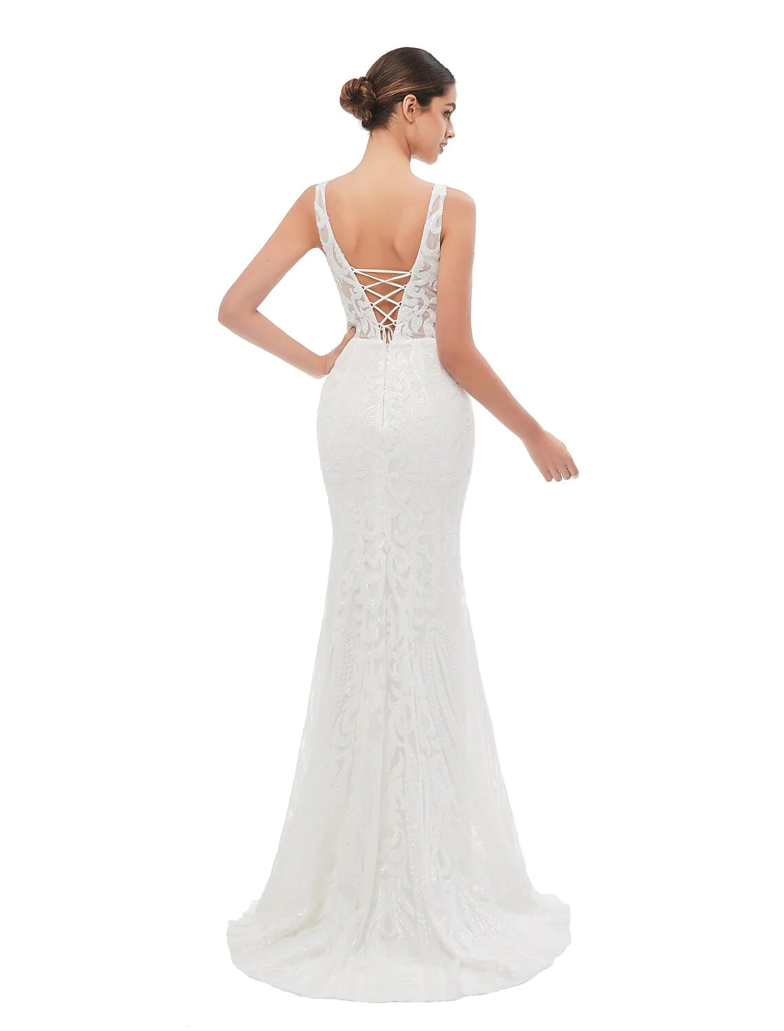 Back view of the sequined mermaid trumpet gown, showcasing the elegant court train.