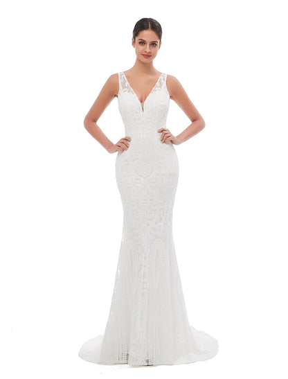 Close-up detail of the exquisite sequin embroidery on the V-neck sleeveless evening gown.