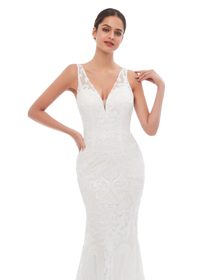 Full length view of the sequin evening gown, emphasizing the mermaid silhouette and flowing train.