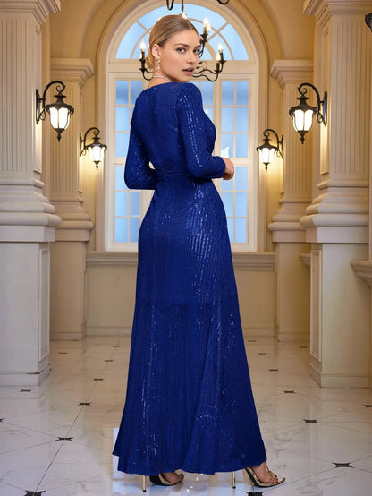 Elegant Deep V-Neck Long Sleeve Back Zip Sequin Wrap Floor-Length Evening Dress