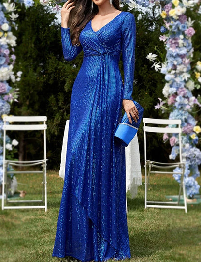 Elegant Deep V-Neck Long Sleeve Back Zip Sequin Wrap Floor-Length Evening Dress