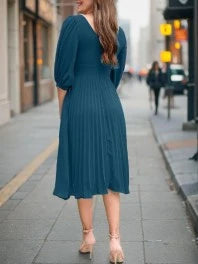 Elegant Deep V-Neck Puff Sleeve Pleated Chiffon Midi Dress