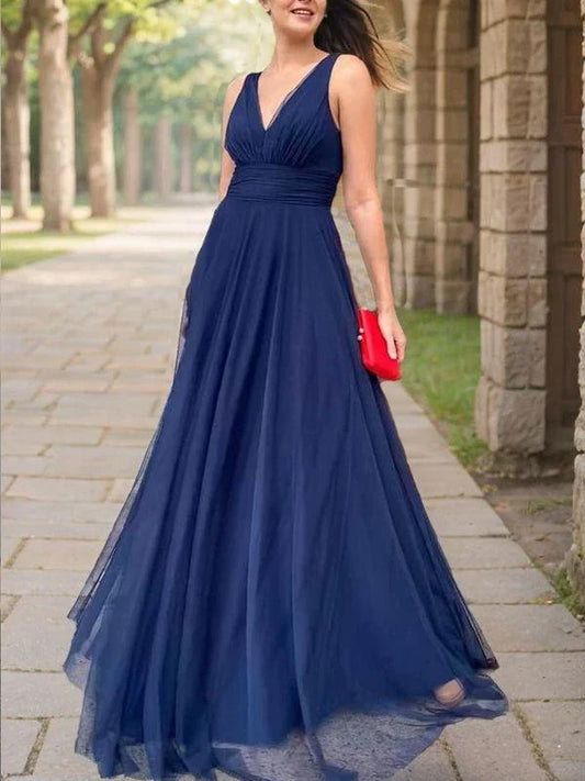 Elegant Deep V-Neck Sleeveless Ruched Waist Tulle Maxi Mother Of The Bride Dresses