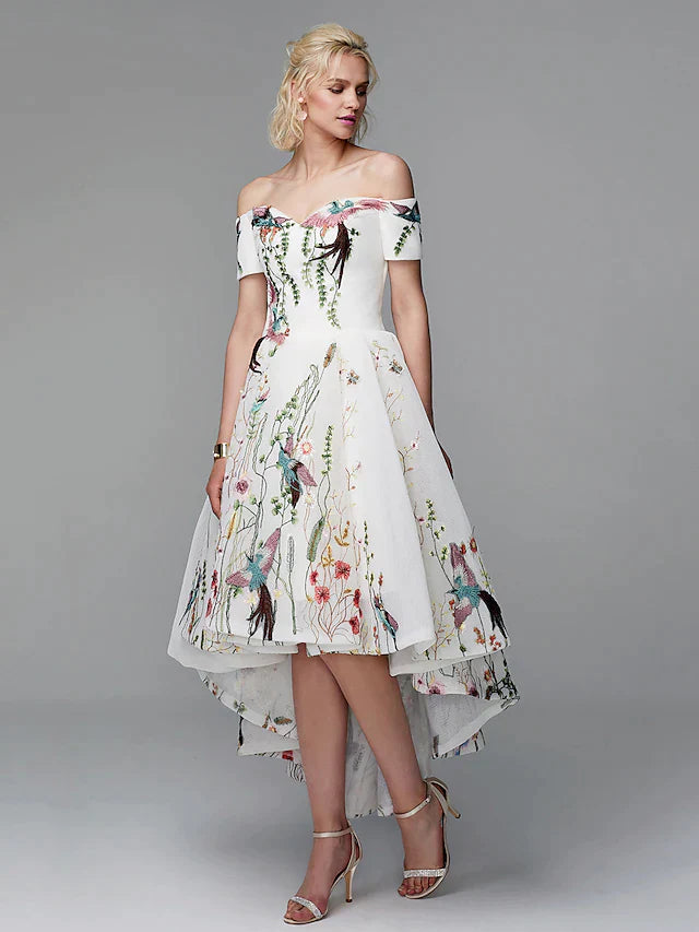 Back view of elegant light blue floral embroidered off-shoulder high-low prom dress.