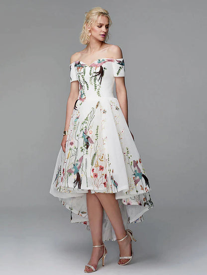 Back view of elegant light blue floral embroidered off-shoulder high-low prom dress.