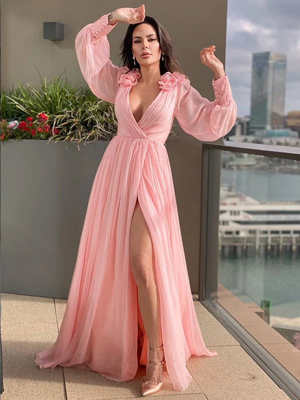 Elegant A-line chiffon prom dress with V-neck, long sleeves, and ruffles.