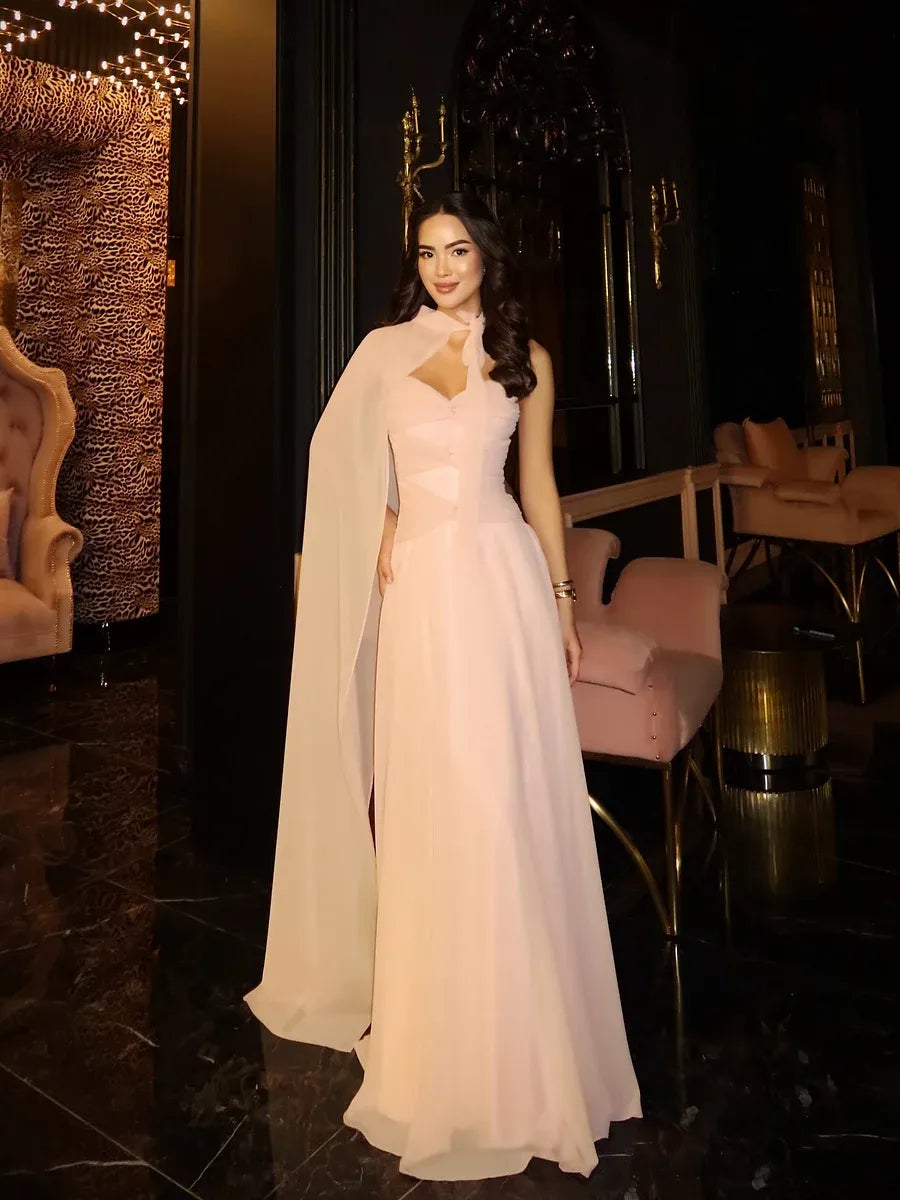 Elegant Halter Neck Cape Chiffon A-Line Maxi Dress